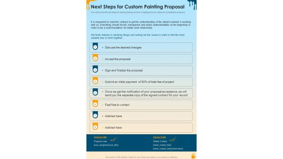 Next Steps For Custom Painting Proposal One Pager Sample Example Document