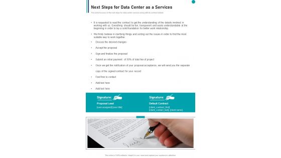 Next Steps For Data Center As A Services One Pager Sample Example Document