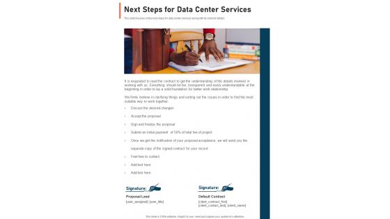 Next Steps For Data Center Services One Pager Sample Example Document