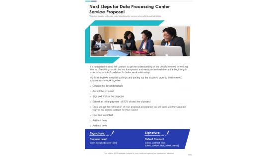 Next Steps For Data Processing Center Service Proposal One Pager Sample Example Document