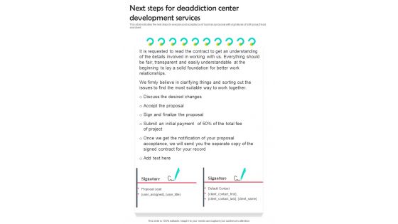 Next Steps For Deaddiction Center Development Services One Pager Sample Example Document