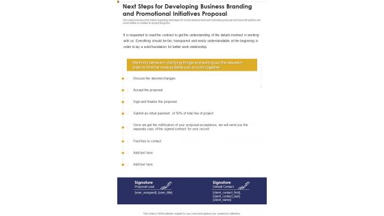 Next Steps For Developing Business Branding One Pager Sample Example Document