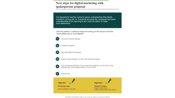 Next Steps For Digital Marketing With Spokesperson Proposal One Pager Sample Example Document