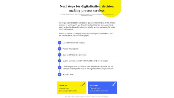 Next Steps For Digitalization Decision Making Process One Pager Sample Example Document