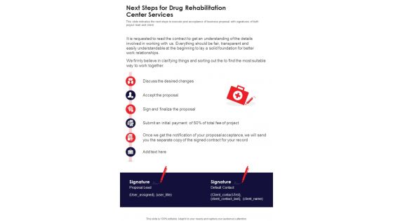 Next Steps For Drug Rehabilitation Center Services One Pager Sample Example Document