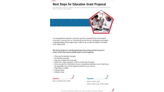 Next Steps For Education Grant Proposal One Pager Sample Example Document