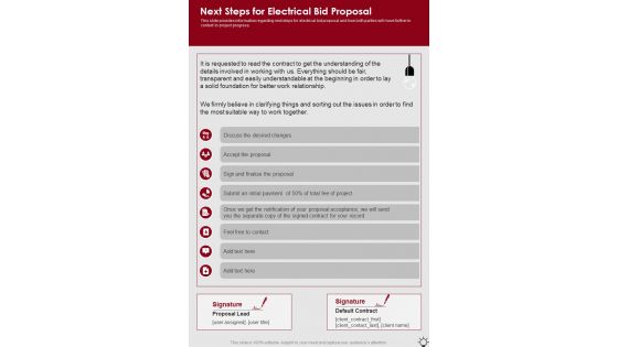 Next Steps For Electrical Bid Proposal One Pager Sample Example Document