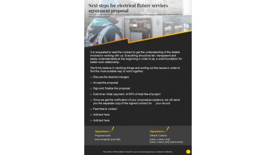 Next Steps For Electrical Fixture Services Agreement Proposal One Pager Sample Example Document