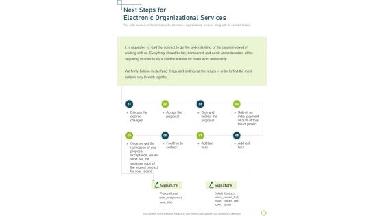 Next Steps For Electronic Organizational Services One Pager Sample Example Document