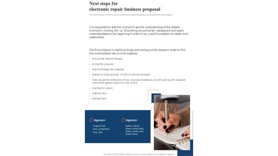 Next Steps For Electronic Repair Business Proposal One Pager Sample Example Document