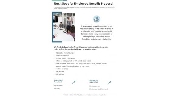 Next Steps For Employee Benefits Proposal One Pager Sample Example Document