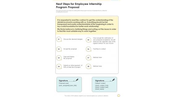 Next Steps For Employee Internship Program Proposal One Pager Sample Example Document