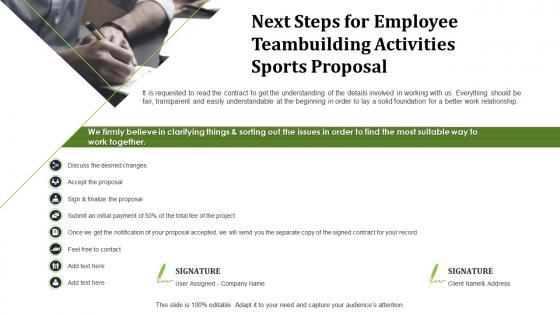 Next steps for employee teambuilding activities sports proposal ppt slides example