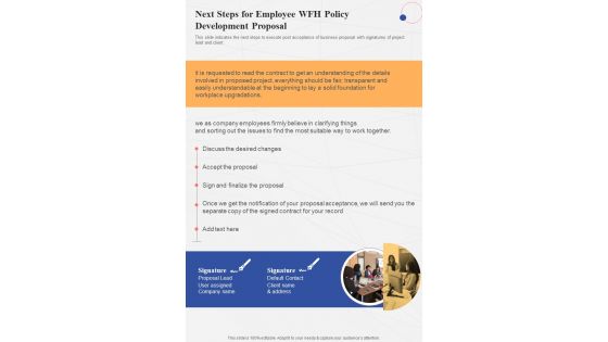Next Steps For Employee WFH Policy Development One Pager Sample Example Document
