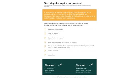 Next Steps For Equity Tax Proposal One Pager Sample Example Document