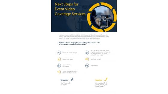 Next Steps For Event Video Coverage Services One Pager Sample Example Document