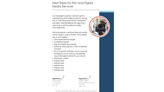 Next Steps For Film And Digital Media Services One Pager Sample Example Document