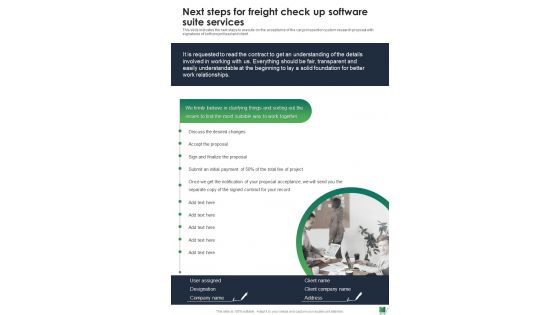 Next Steps For Freight Check Up Software Suite Services One Pager Sample Example Document