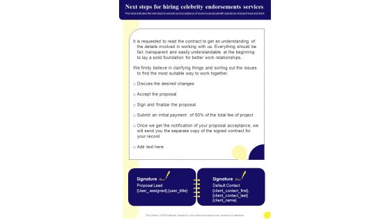 Next Steps For Hiring Celebrity Endorsements Services One Pager Sample Example Document