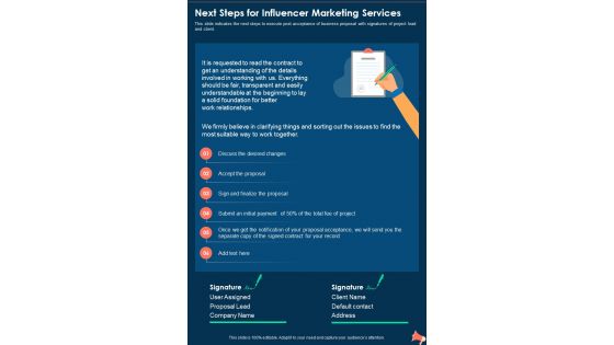 Next Steps For Influencer Marketing Services One Pager Sample Example Document