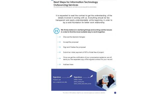 Next Steps For Information Technology Outsourcing Services One Pager Sample Example Document