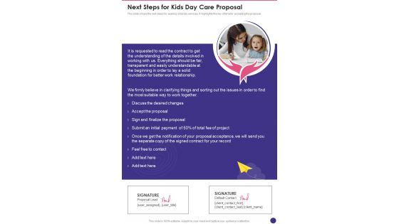 Next Steps For Kids Day Care Proposal One Pager Sample Example Document