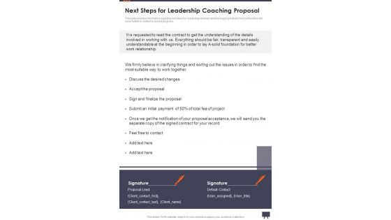Next Steps For Leadership Coaching Proposal One Pager Sample Example Document