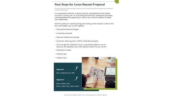 Next Steps For Lease Buyout Proposal One Pager Sample Example Document