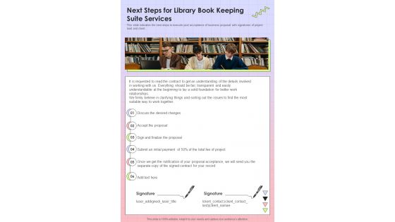 Next Steps For Library Book Keeping Suite Services One Pager Sample Example Document