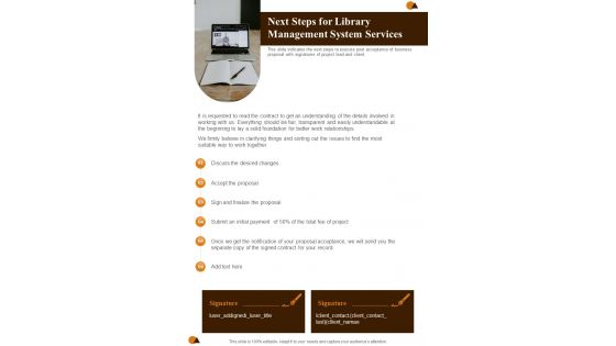 Next Steps For Library Management System Services One Pager Sample Example Document