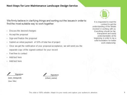 Next steps for low maintenance landscape design service ppt slides