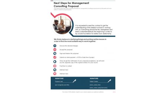 Next Steps For Management Consulting Proposal One Pager Sample Example Document
