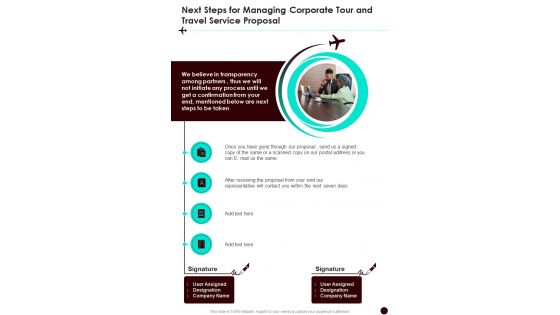Next Steps For Managing Corporate Tour And Travel Service One Pager Sample Example Document
