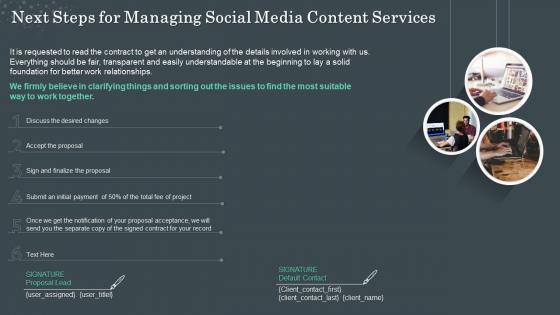 Next steps for managing social media content services ppt slides designs