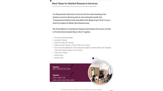 Next Steps For Market Research Services One Pager Sample Example Document