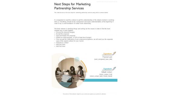 Next Steps For Marketing Partnership Services One Pager Sample Example Document