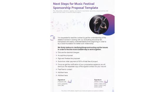 Next Steps For Music Festival Sponsorship Proposal Template One Pager Sample Example Document