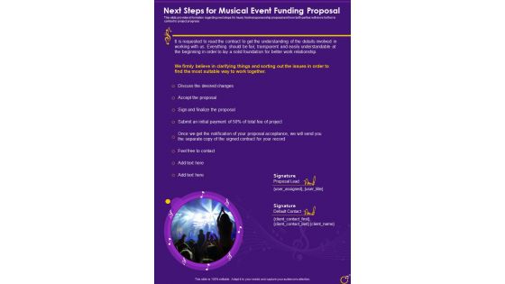Next Steps For Musical Event Funding Proposal One Pager Sample Example Document
