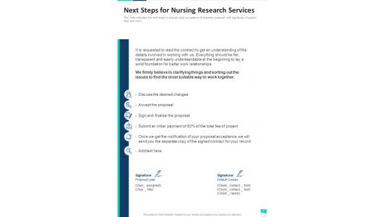 Next Steps For Nursing Research Services One Pager Sample Example Document