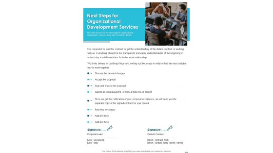 Next Steps For Organizational Development Services One Pager Sample Example Document