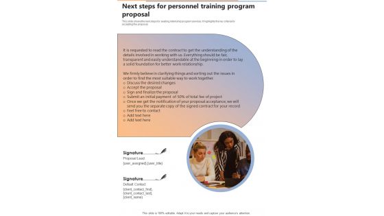 Next Steps For Personnel Training Program Proposal One Pager Sample Example Document