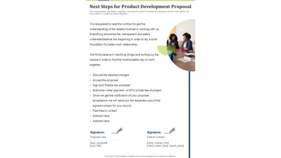 Next Steps For Product Development Proposal One Pager Sample Example Document