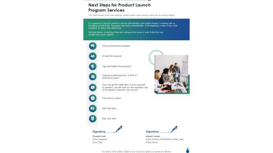Next Steps For Product Launch Program Services One Pager Sample Example Document