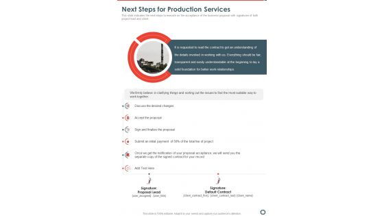 Next Steps For Production Services One Pager Sample Example Document