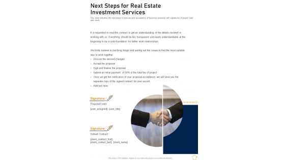 Next Steps For Real Estate Investment Services One Pager Sample Example Document