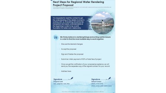 Next Steps For Regional Water Rendering Project Proposal One Pager Sample Example Document