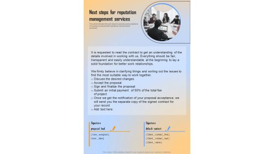 Next Steps For Reputation Management Services One Pager Sample Example Document