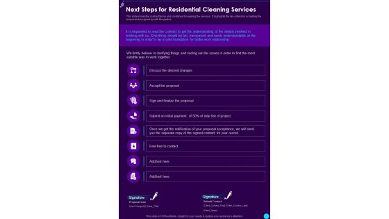 Next Steps For Residential Cleaning Services One Pager Sample Example Document