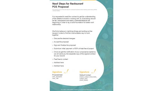 Next Steps For Restaurant POS Proposal One Pager Sample Example Document