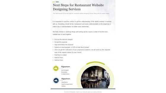 Next Steps For Restaurant Website Designing Services One Pager Sample Example Document